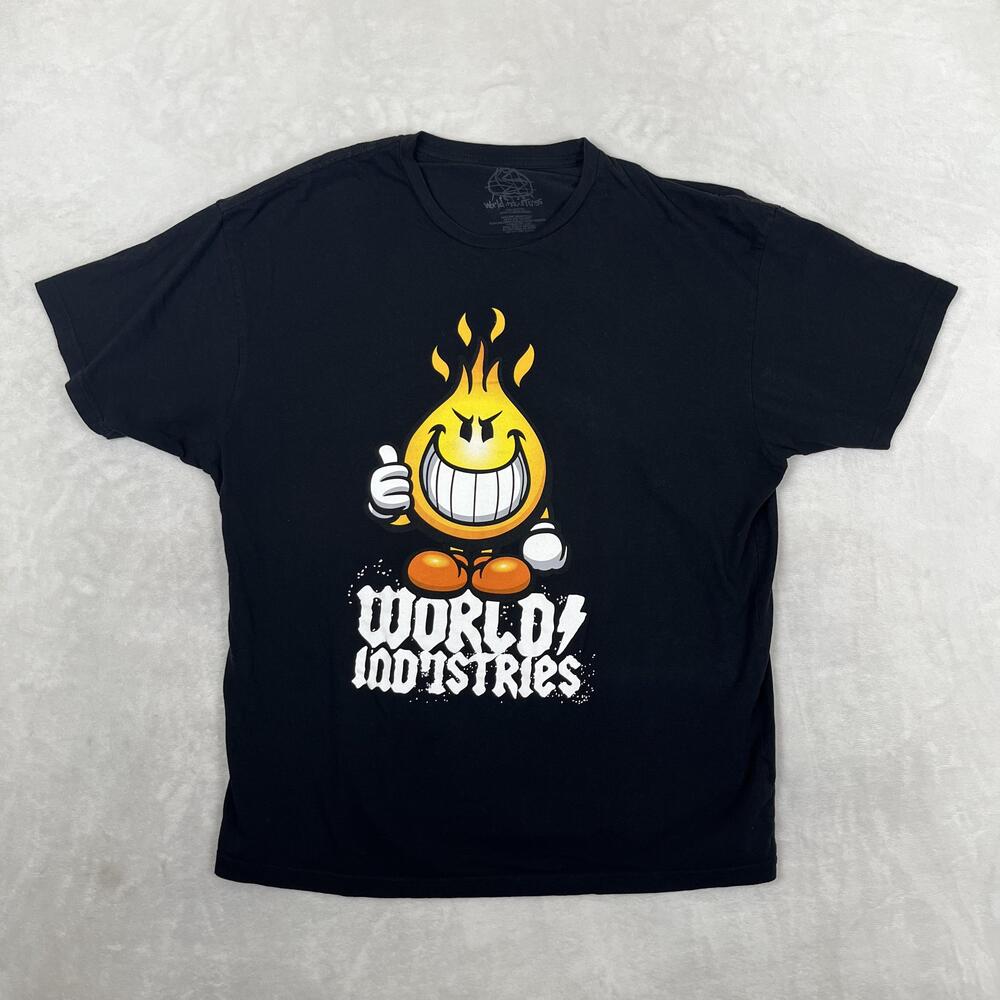 World Industries T-Shirt Mens XL Black Flame Boy Skate Graphic Tee Streetwear